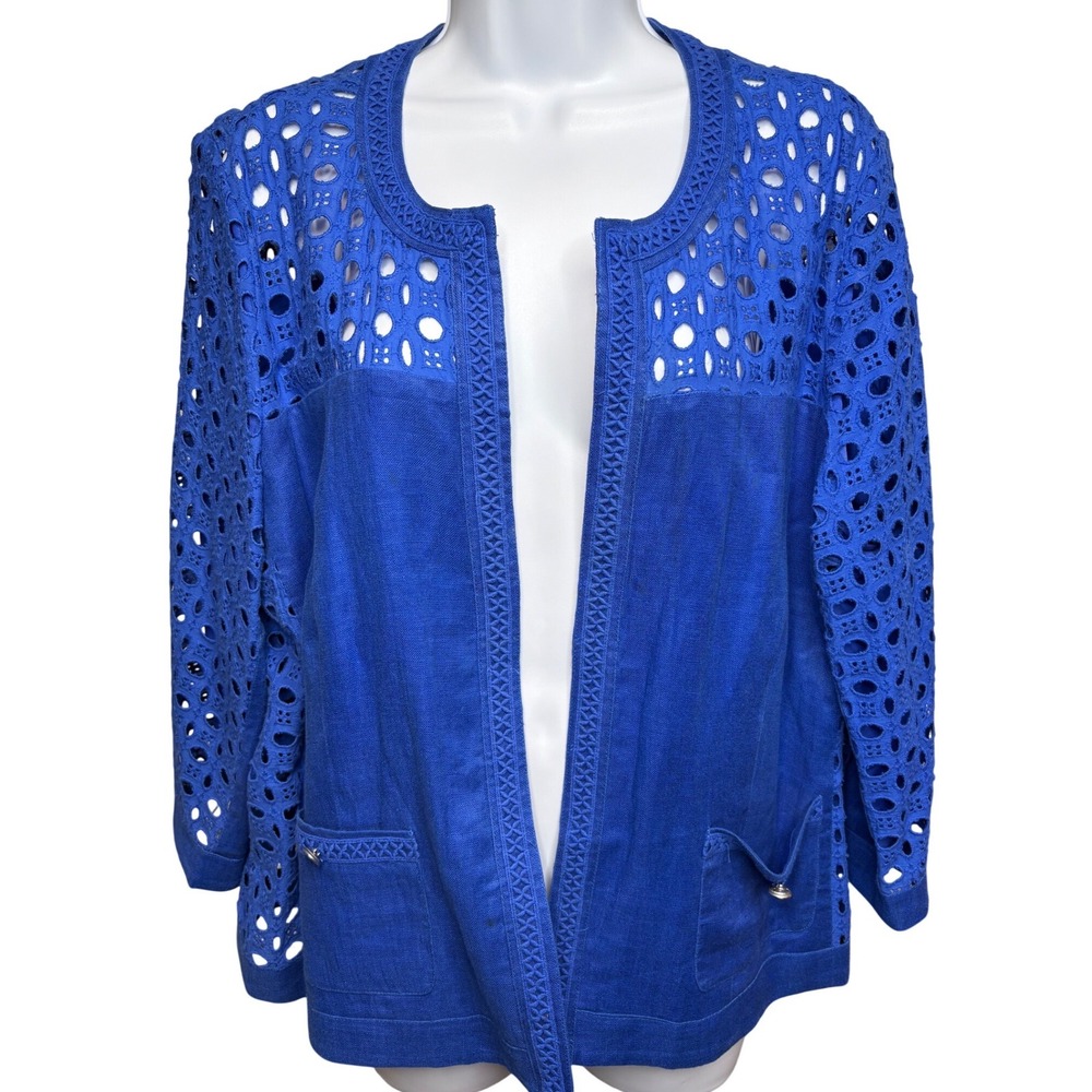 CHICO'S Womens Blue Linen Eyelet Open Front Jacket w/Pockets Sz 2/L Chic Coastal